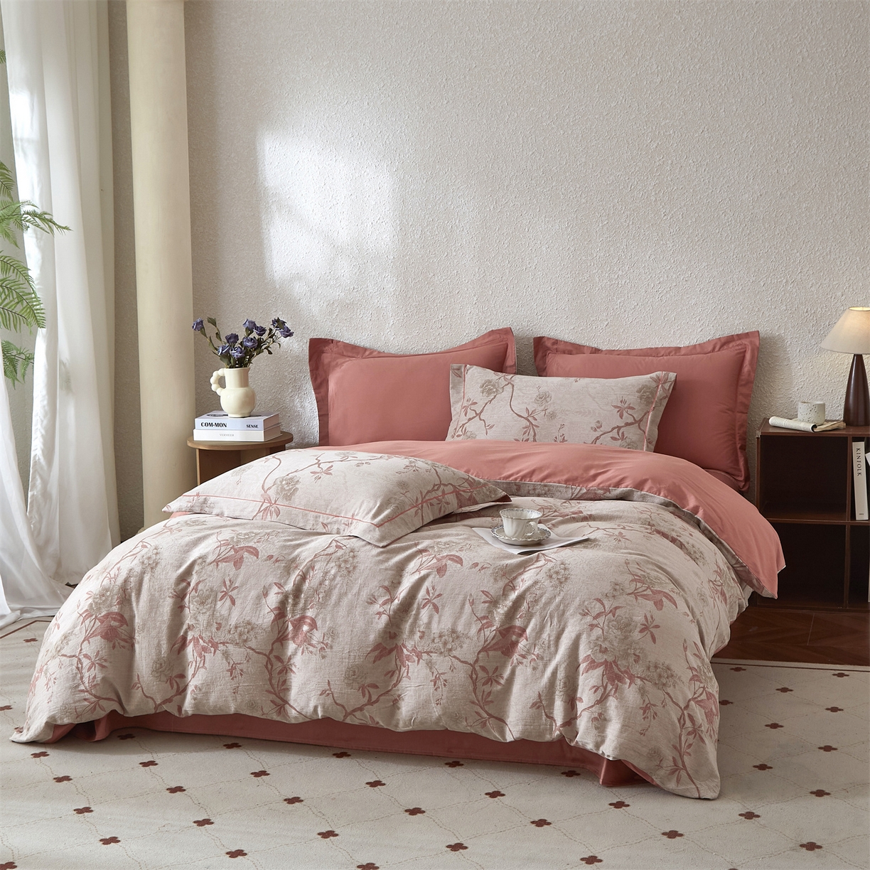 91家纺网 家纺一手货源 找家纺 曼秀琳家纺 2026新款全棉纯棉色织大提花四件套 竹花意-粉咖