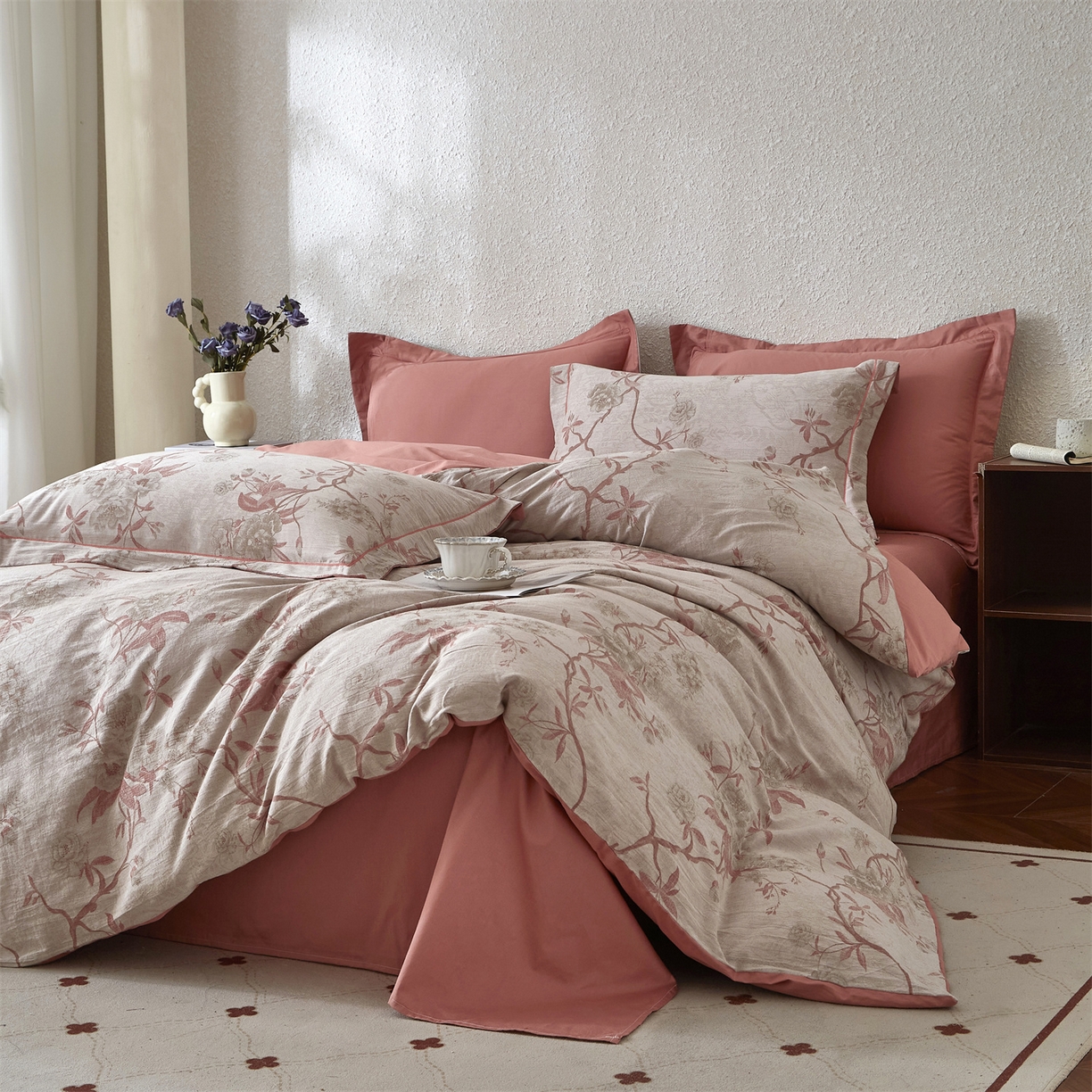 91家纺网 家纺一手货源 找家纺 曼秀琳家纺 2026新款全棉纯棉色织大提花四件套 竹花意-粉咖