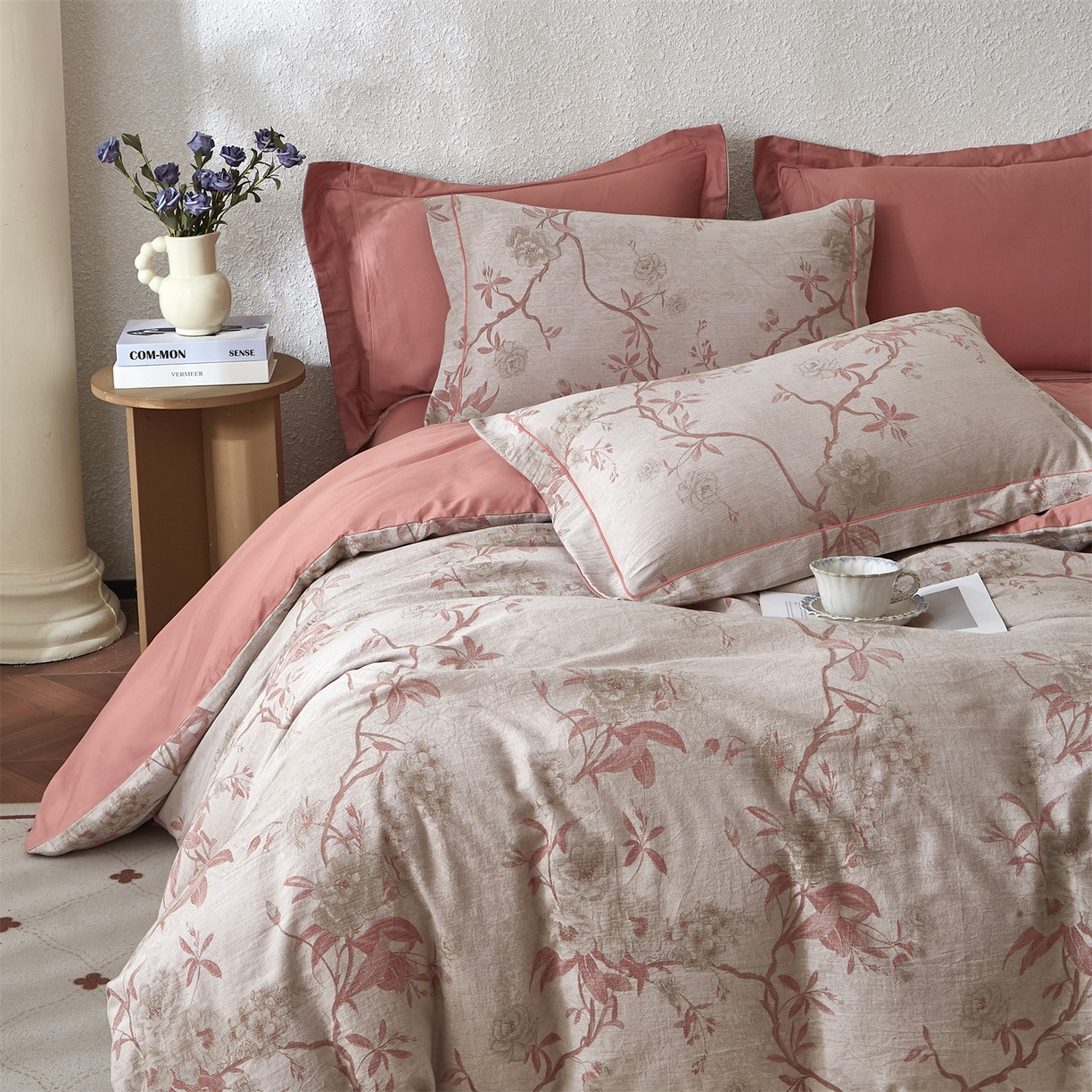 91家纺网 家纺一手货源 找家纺 曼秀琳家纺 2026新款全棉纯棉色织大提花四件套 竹花意-粉咖