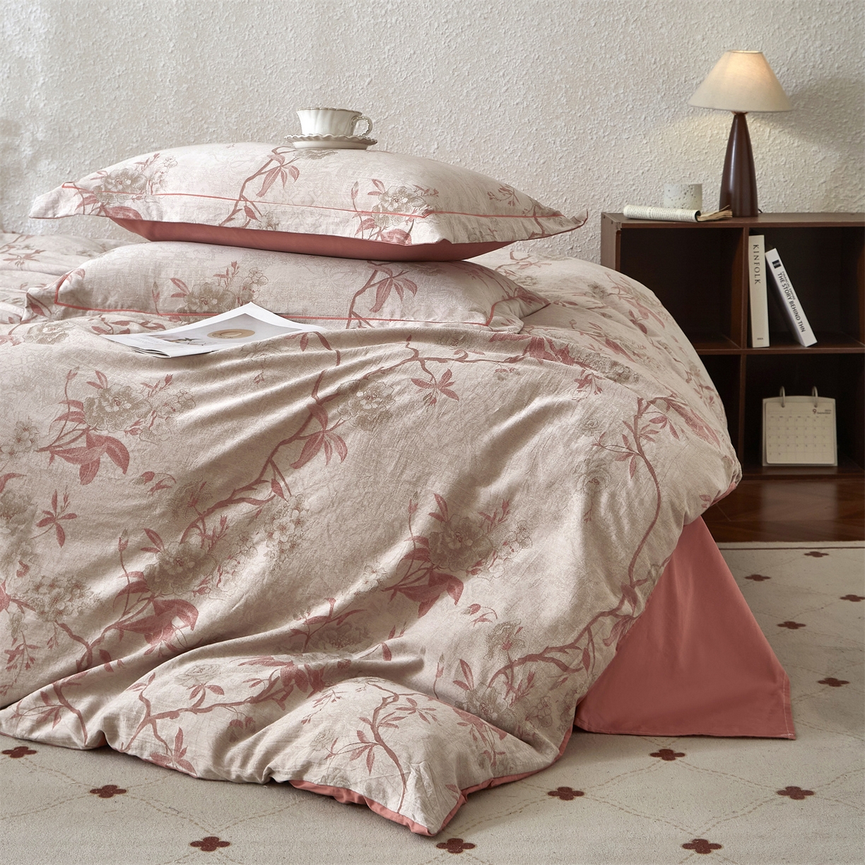 91家纺网 家纺一手货源 找家纺 曼秀琳家纺 2026新款全棉纯棉色织大提花四件套 竹花意-粉咖