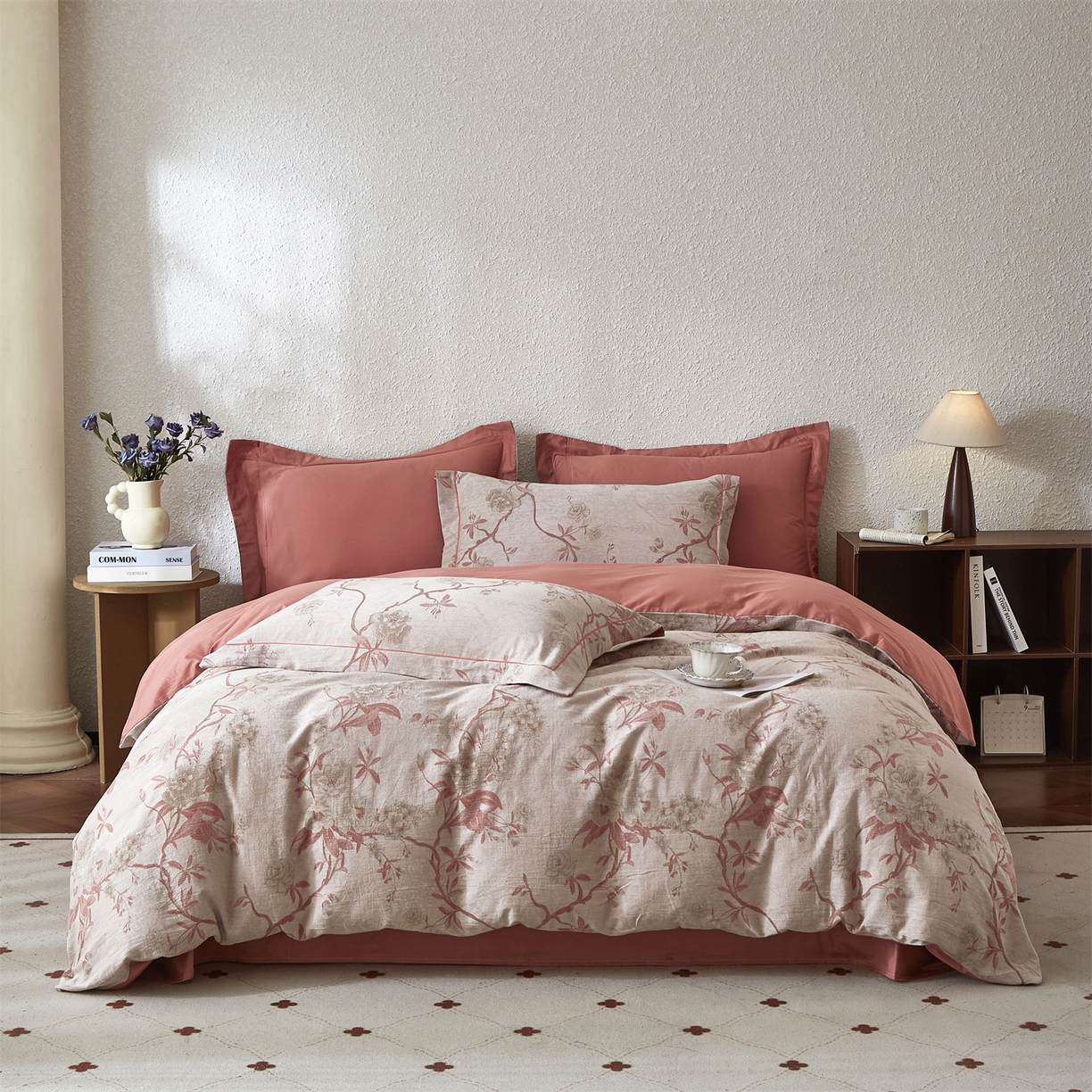 91家纺网 家纺一手货源 找家纺 曼秀琳家纺 2026新款全棉纯棉色织大提花四件套 竹花意-粉咖