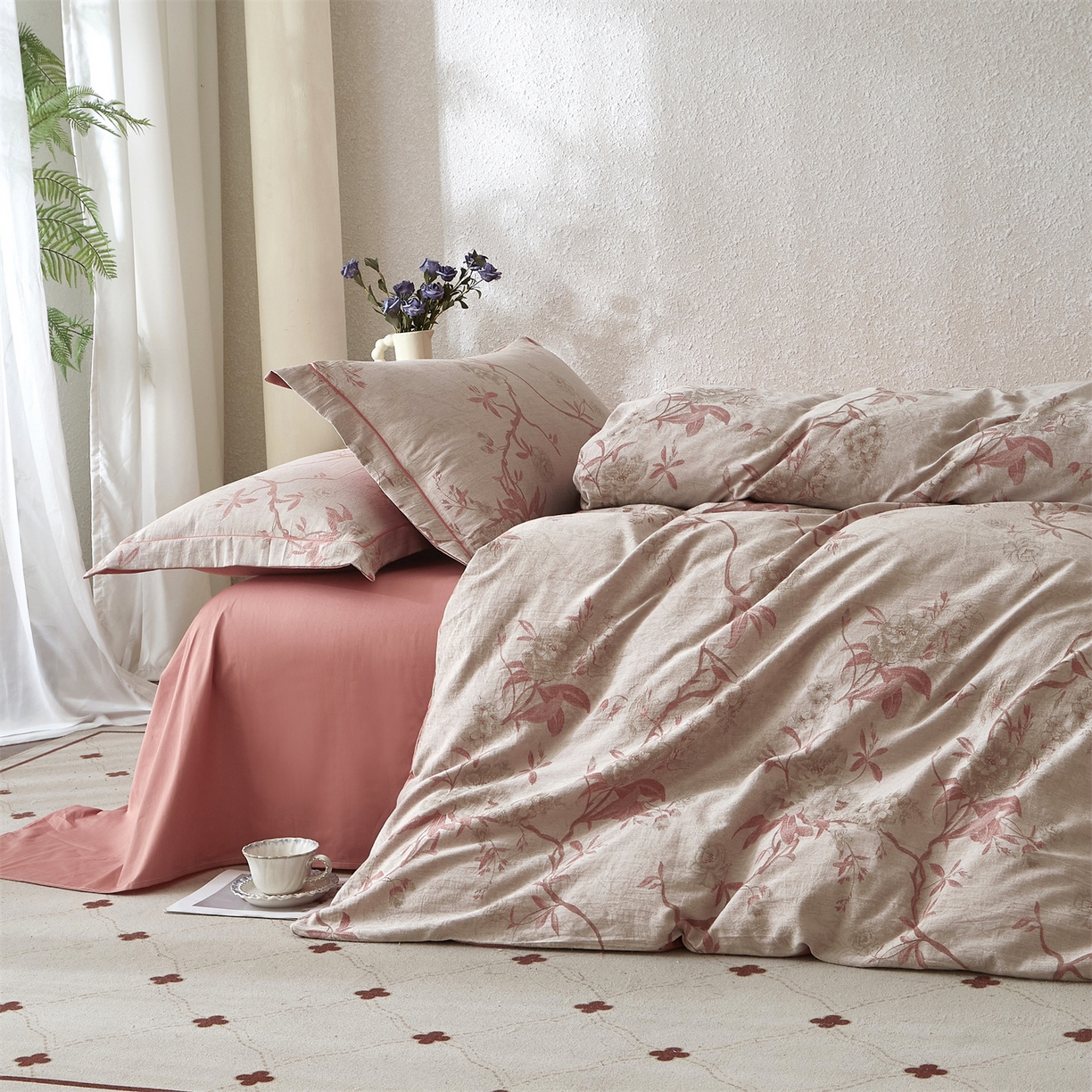 91家纺网 家纺一手货源 找家纺 曼秀琳家纺 2026新款全棉纯棉色织大提花四件套 竹花意-粉咖