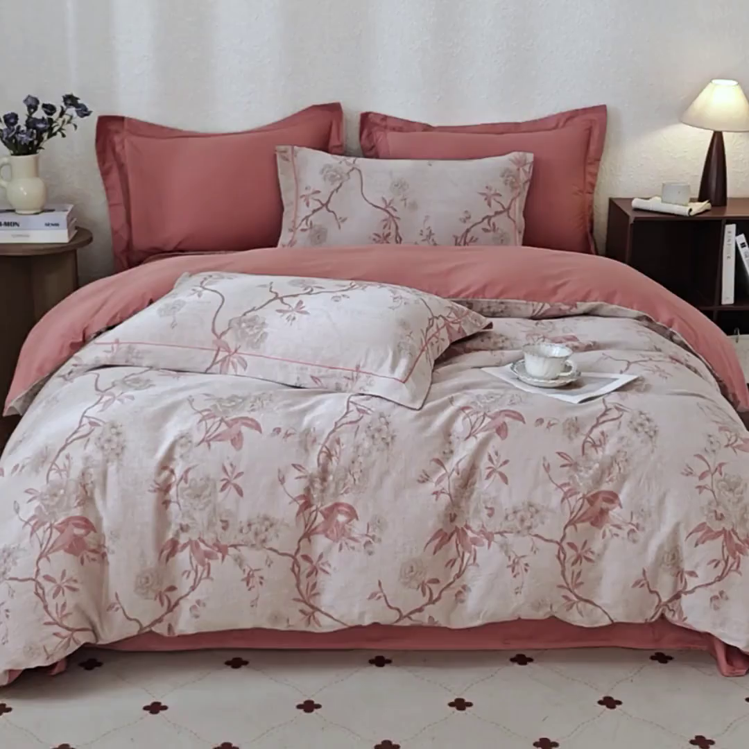 91家纺网 家纺一手货源 找家纺 曼秀琳家纺 2026新款全棉纯棉色织大提花四件套 竹花意-粉咖