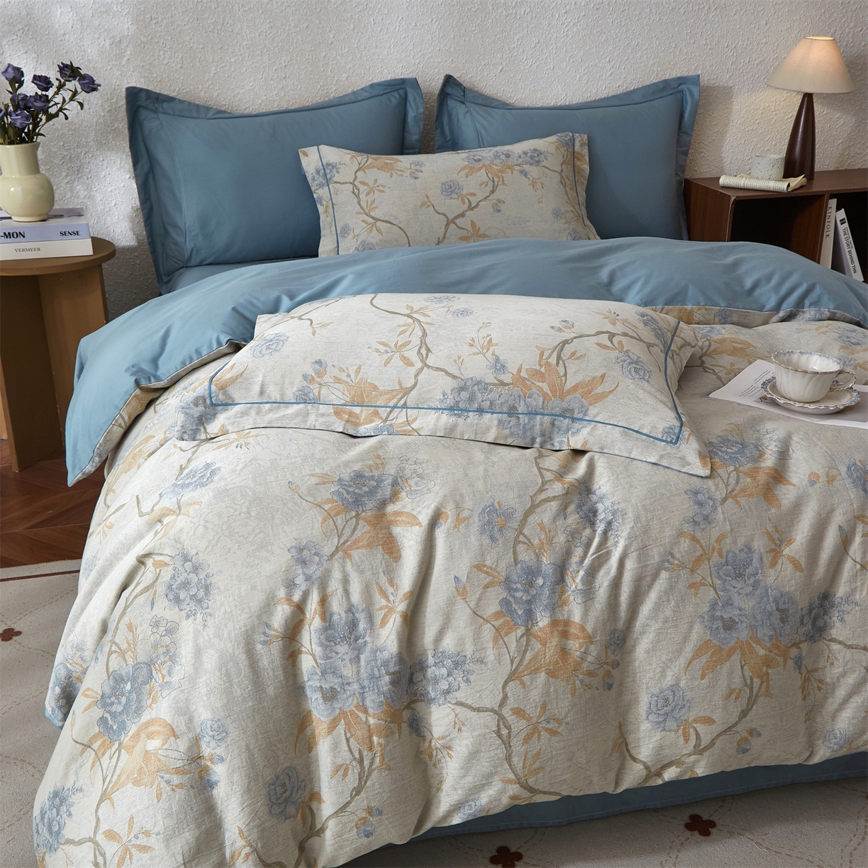 91家纺网 家纺一手货源 找家纺 曼秀琳家纺 2026新款全棉纯棉色织大提花四件套 竹花意－兰