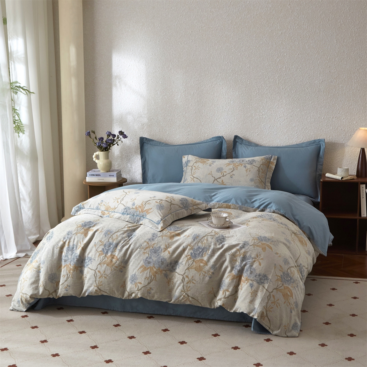 91家纺网 家纺一手货源 找家纺 曼秀琳家纺 2026新款全棉纯棉色织大提花四件套 竹花意－兰