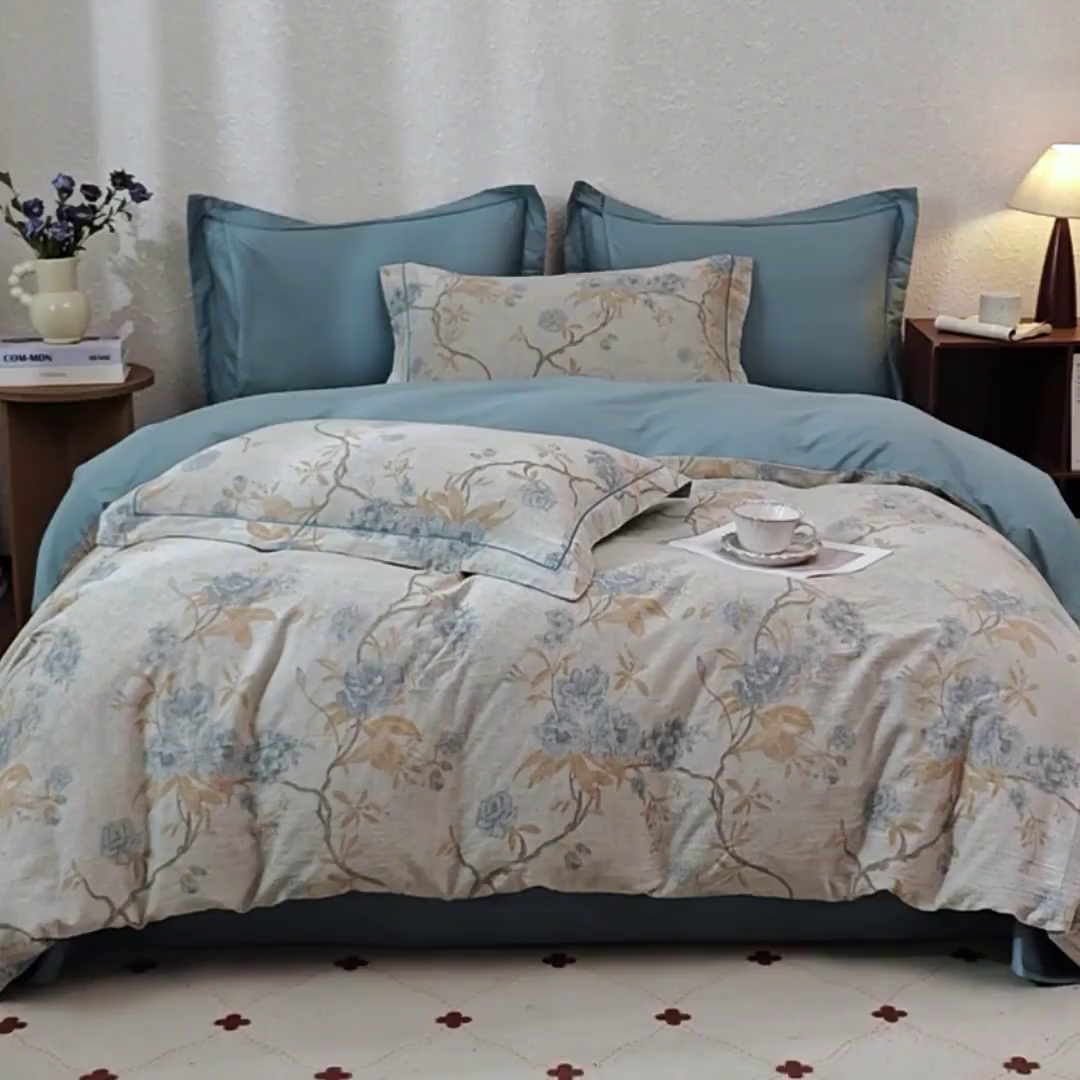 91家纺网 家纺一手货源 找家纺 曼秀琳家纺 2026新款全棉纯棉色织大提花四件套 竹花意－兰