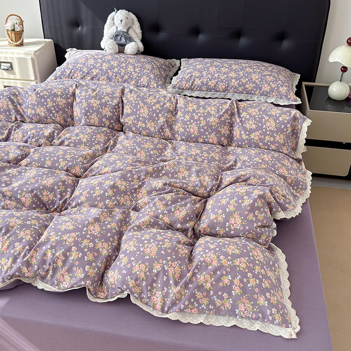 91家纺网 家纺一手货源 找家纺 竹合 2026新款田园韩版花边款小碎花古法水洗仿棉A类云感棉四件套 枝雨花繁