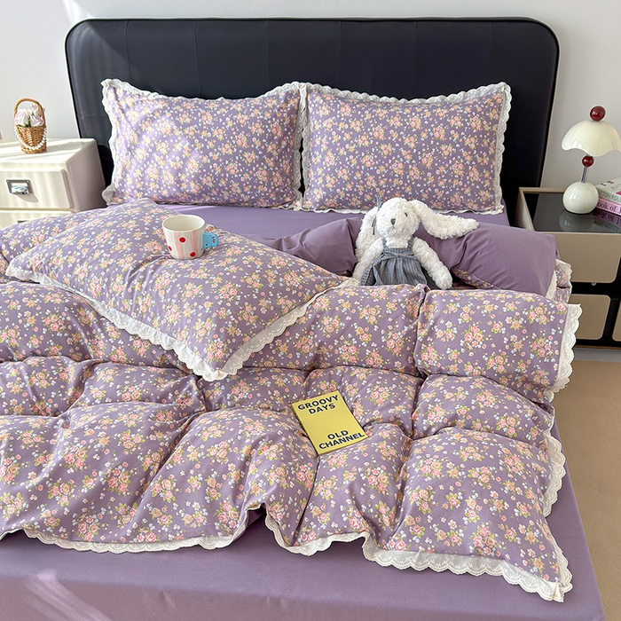 91家纺网 家纺一手货源 找家纺 竹合 2026新款田园韩版花边款小碎花古法水洗仿棉A类云感棉四件套 枝雨花繁