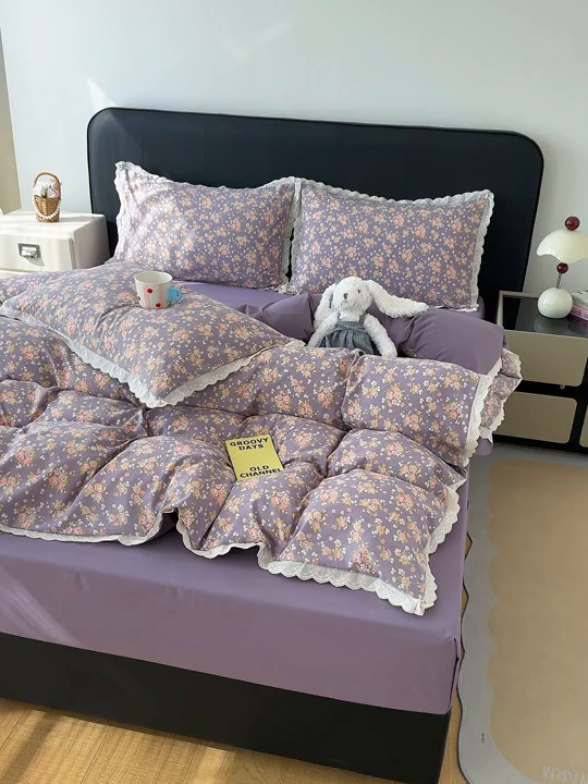 91家纺网 家纺一手货源 找家纺 竹合 2026新款田园韩版花边款小碎花古法水洗仿棉A类云感棉四件套 枝雨花繁