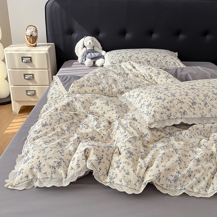 91家纺网 家纺一手货源 找家纺 竹合 2026新款田园韩版花边款小碎花古法水洗仿棉A类云感棉四件套 花间梦