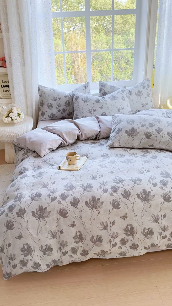 91家纺网 家纺一手货源 找家纺 苏东来家纺 2026新款A类60支全棉长绒棉纯棉色织提花四件套水洗纯棉厚织提花肌理被套四件套 南枝灰