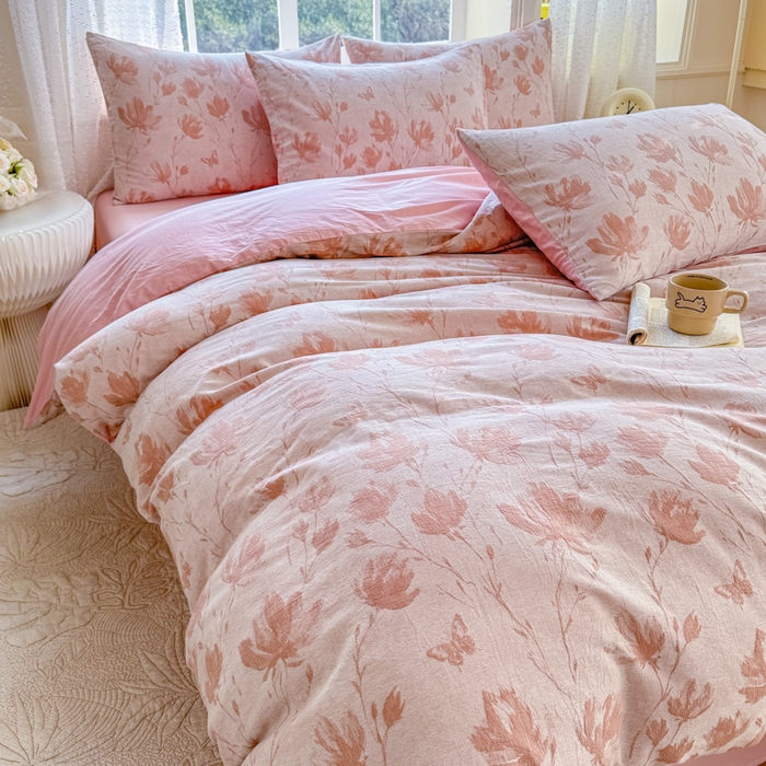 91家纺网 家纺一手货源 找家纺 苏东来家纺 2026新款A类60支全棉长绒棉纯棉色织提花四件套水洗纯棉厚织提花肌理被套四件套 南枝粉