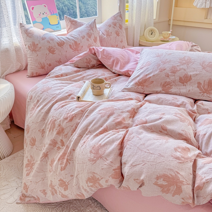 91家纺网 家纺一手货源 找家纺 苏东来家纺 2026新款A类60支全棉长绒棉纯棉色织提花四件套水洗纯棉厚织提花肌理被套四件套 南枝粉