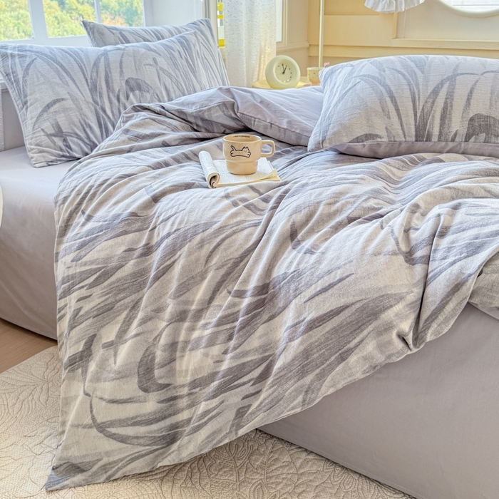 91家纺网 家纺一手货源 找家纺 苏东来家纺 2026新款A类60支全棉长绒棉纯棉色织提花四件套水洗纯棉厚织提花肌理被套四件套 绿萝灰