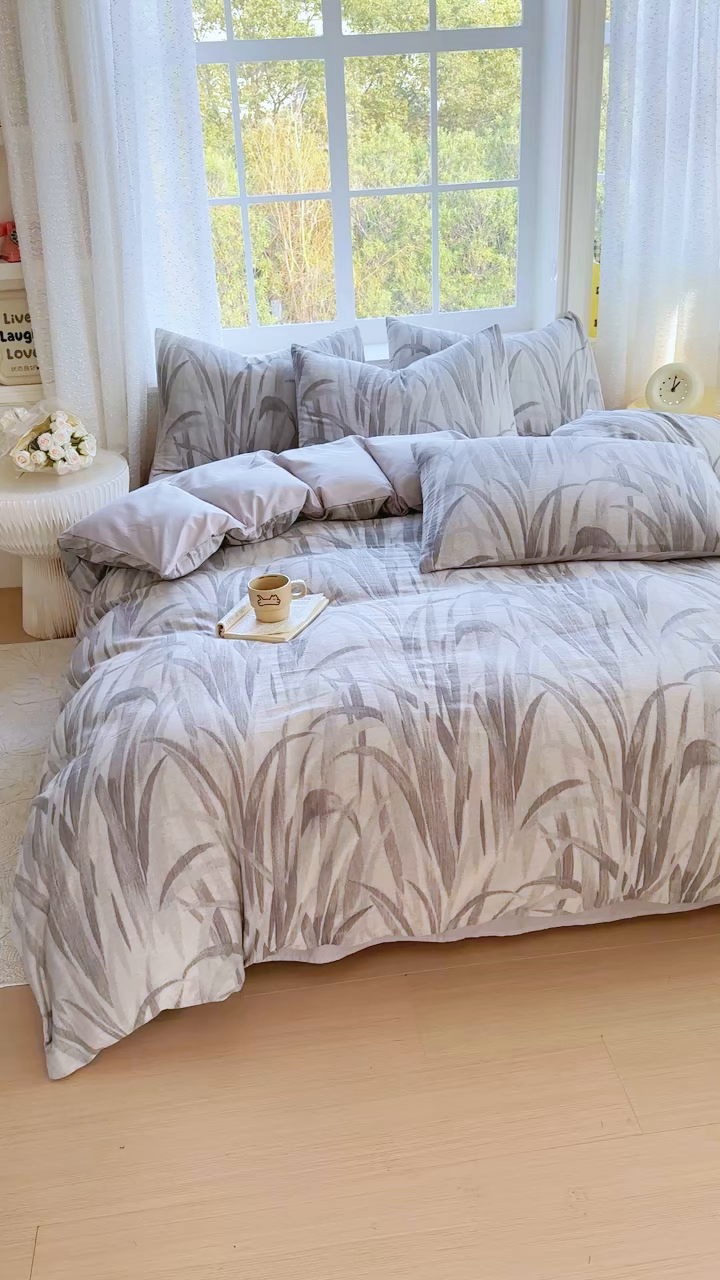 91家纺网 家纺一手货源 找家纺 苏东来家纺 2026新款A类60支全棉长绒棉纯棉色织提花四件套水洗纯棉厚织提花肌理被套四件套 绿萝灰