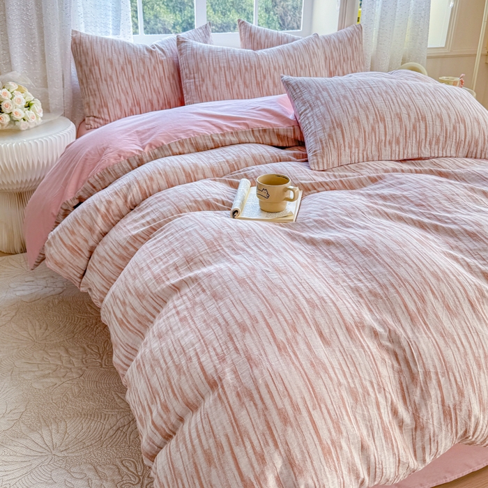 91家纺网 家纺一手货源 找家纺 苏东来家纺 2026新款A类60支全棉长绒棉纯棉色织提花四件套水洗纯棉厚织提花肌理被套四件套 光影粉