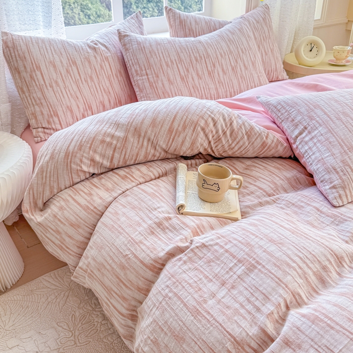 91家纺网 家纺一手货源 找家纺 苏东来家纺 2026新款A类60支全棉长绒棉纯棉色织提花四件套水洗纯棉厚织提花肌理被套四件套 光影粉