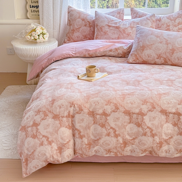 91家纺网 家纺一手货源 找家纺 苏东来家纺 2026新款A类60支全棉长绒棉纯棉色织提花四件套水洗纯棉厚织提花肌理被套四件套 云裳粉