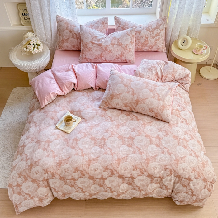 91家纺网 家纺一手货源 找家纺 苏东来家纺 2026新款A类60支全棉长绒棉纯棉色织提花四件套水洗纯棉厚织提花肌理被套四件套 云裳粉