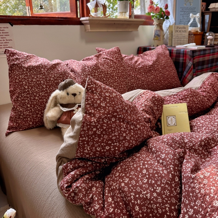 阿曼达 2026新款日韩系复古印花小碎花软糯贴肤慵懒伴眠超治愈的床单床笠款四件套 小印-林间序.红