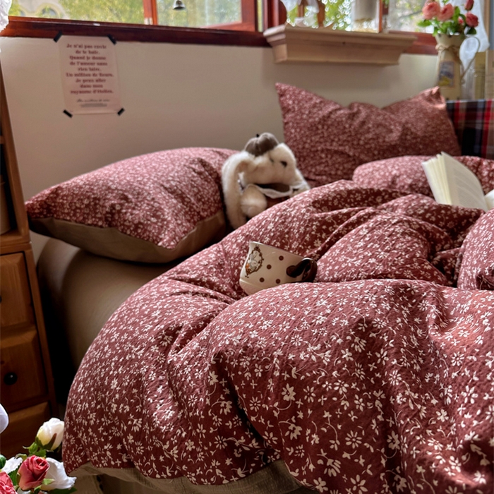 91家纺网 家纺一手货源 找家纺 阿曼达 2026新款日韩系复古印花小碎花软糯贴肤慵懒伴眠超治愈的床单床笠款四件套 小印-林间序.红