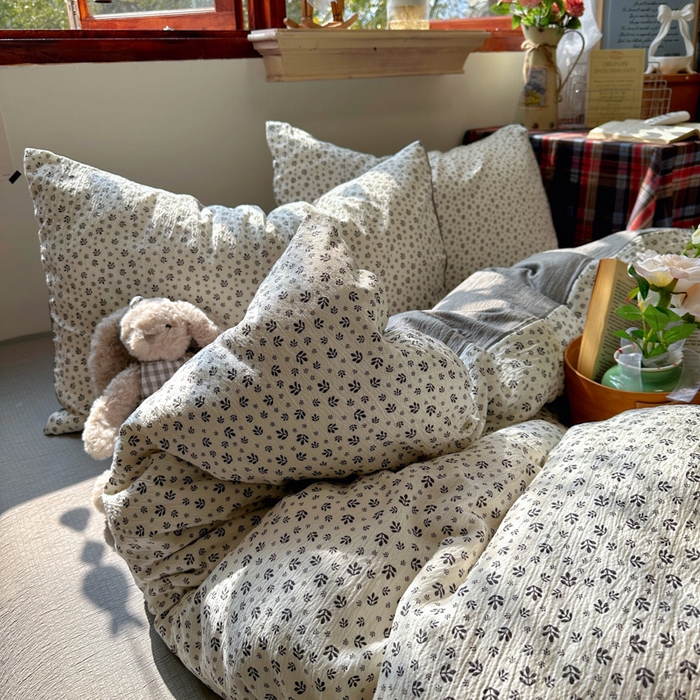 阿曼达 2026新款日韩系复古印花小碎花软糯贴肤慵懒伴眠超治愈的床单床笠款四件套 小印-浅花.米灰