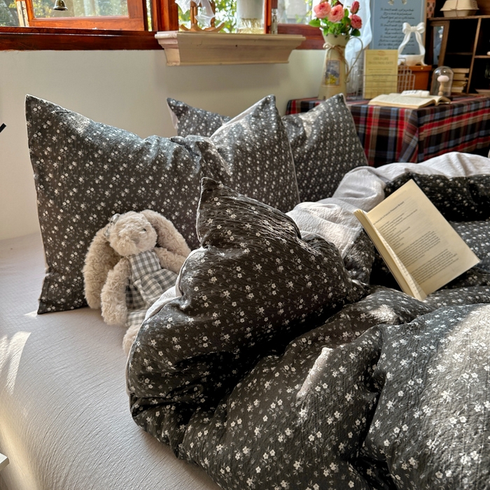 阿曼达 2026新款日韩系复古印花小碎花软糯贴肤慵懒伴眠超治愈的床单床笠款四件套 小印-松月间.灰