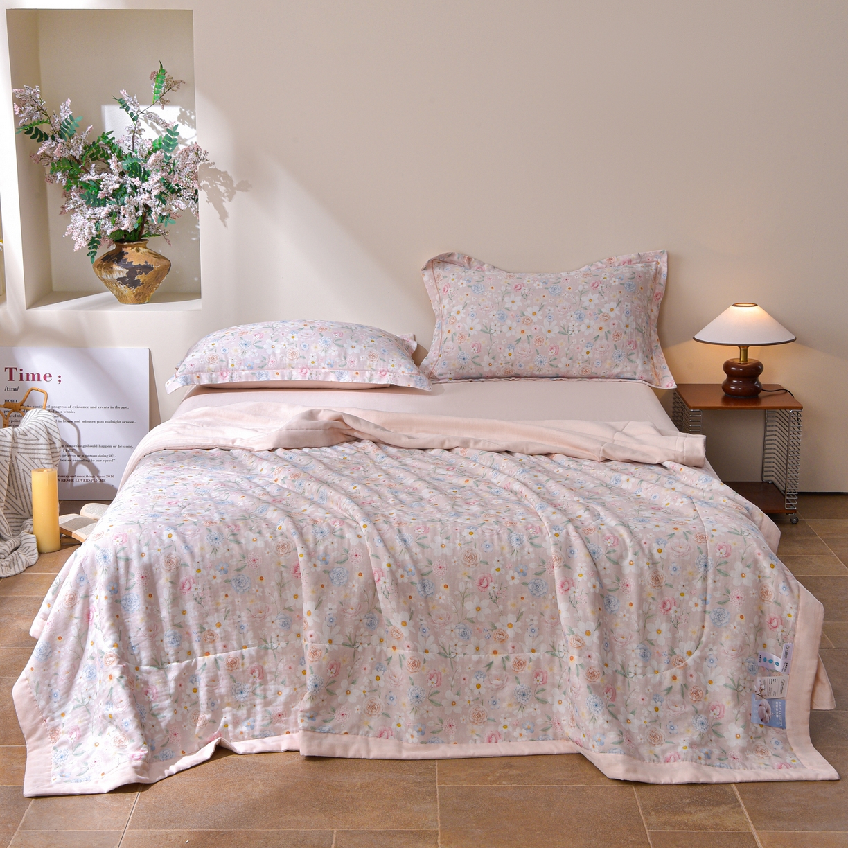 91家纺网 家纺一手货源 找家纺 金昱纺 2026新款A类全棉双层纱新疆棉花夏被四件套（带检测报告，包检测，有微信+买家秀） 观上月白-粉