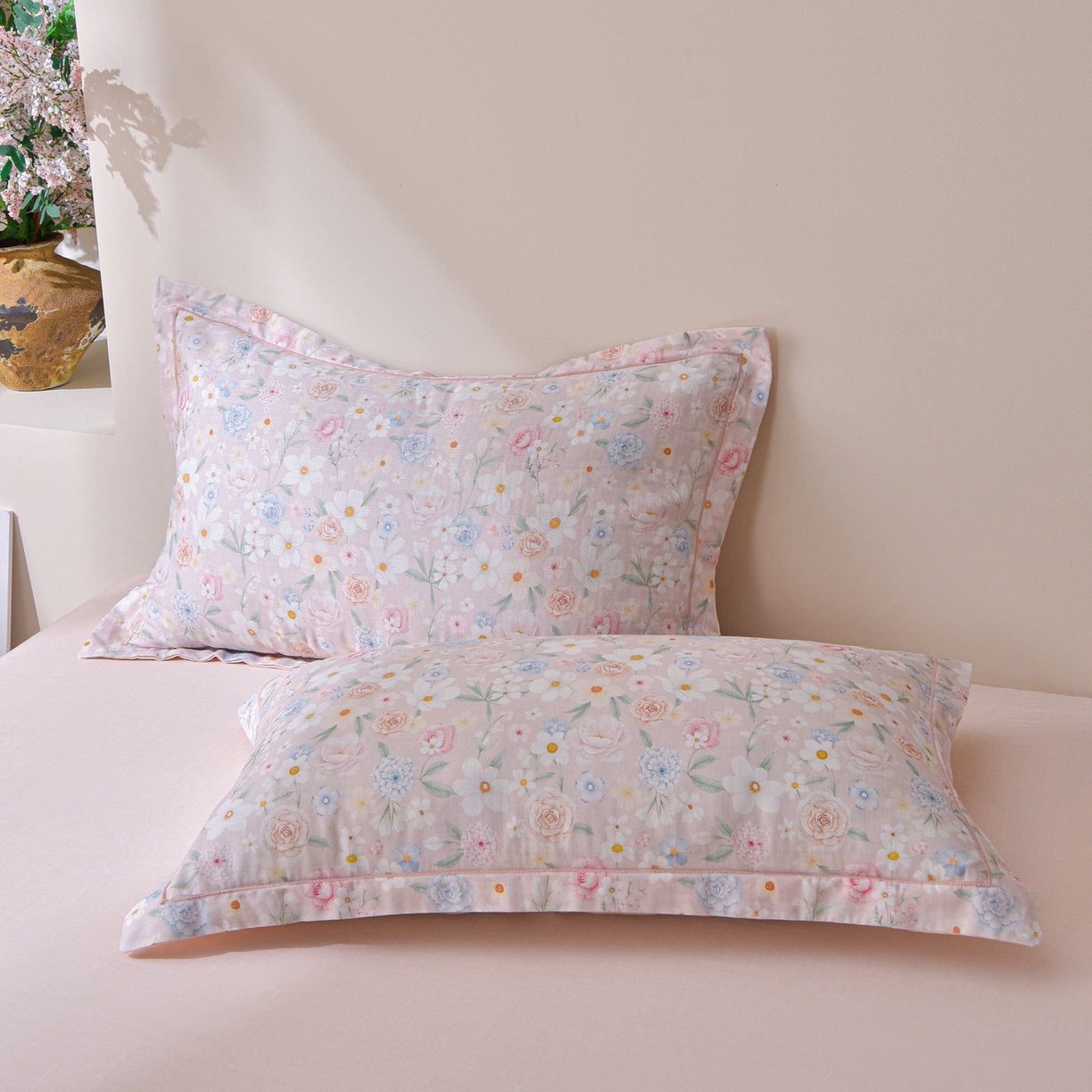 91家纺网 家纺一手货源 找家纺 金昱纺 2026新款A类全棉双层纱新疆棉花夏被四件套（带检测报告，包检测，有微信+买家秀） 观上月白-粉