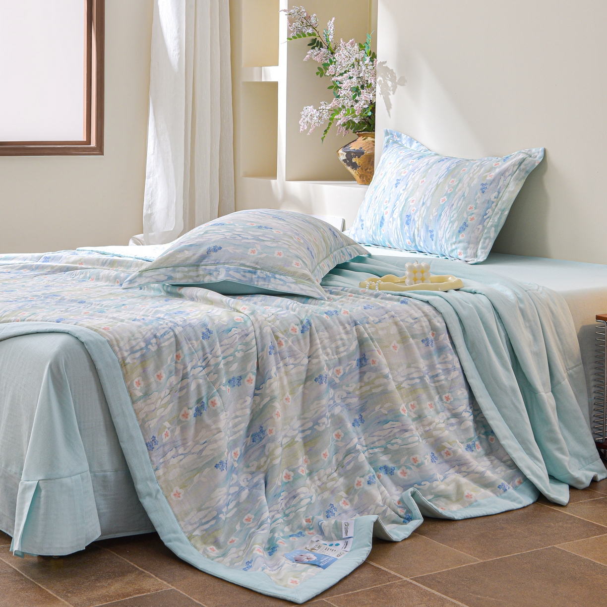 91家纺网 家纺一手货源 找家纺 金昱纺 2026新款A类全棉双层纱新疆棉花夏被四件套（带检测报告，包检测，有微信+买家秀） 禾棠映月-兰