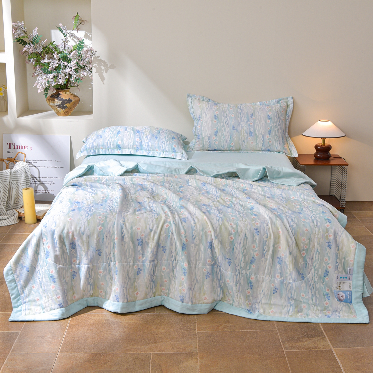 91家纺网 家纺一手货源 找家纺 金昱纺 2026新款A类全棉双层纱新疆棉花夏被四件套（带检测报告，包检测，有微信+买家秀） 禾棠映月-兰