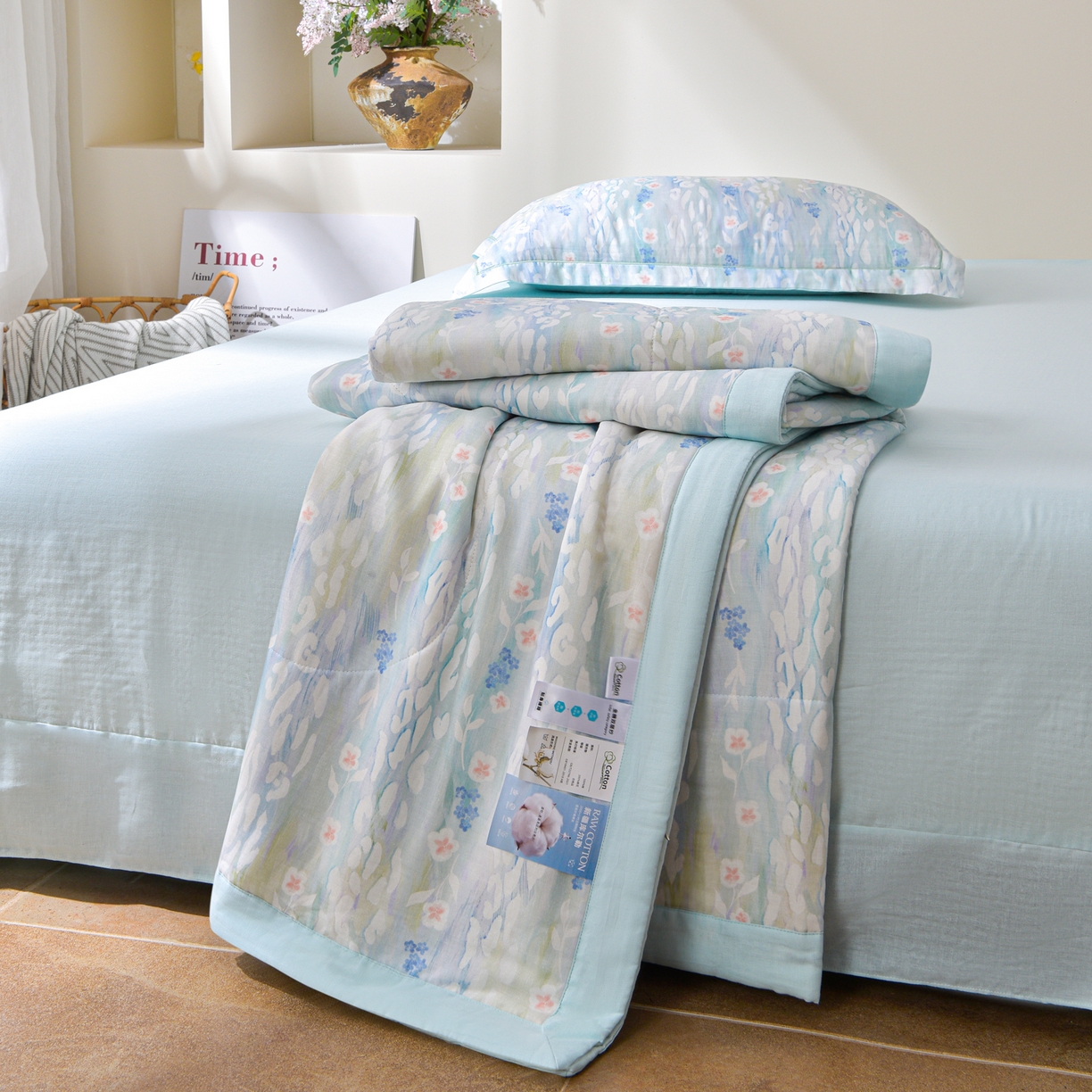 91家纺网 家纺一手货源 找家纺 金昱纺 2026新款A类全棉双层纱新疆棉花夏被四件套（带检测报告，包检测，有微信+买家秀） 禾棠映月-兰