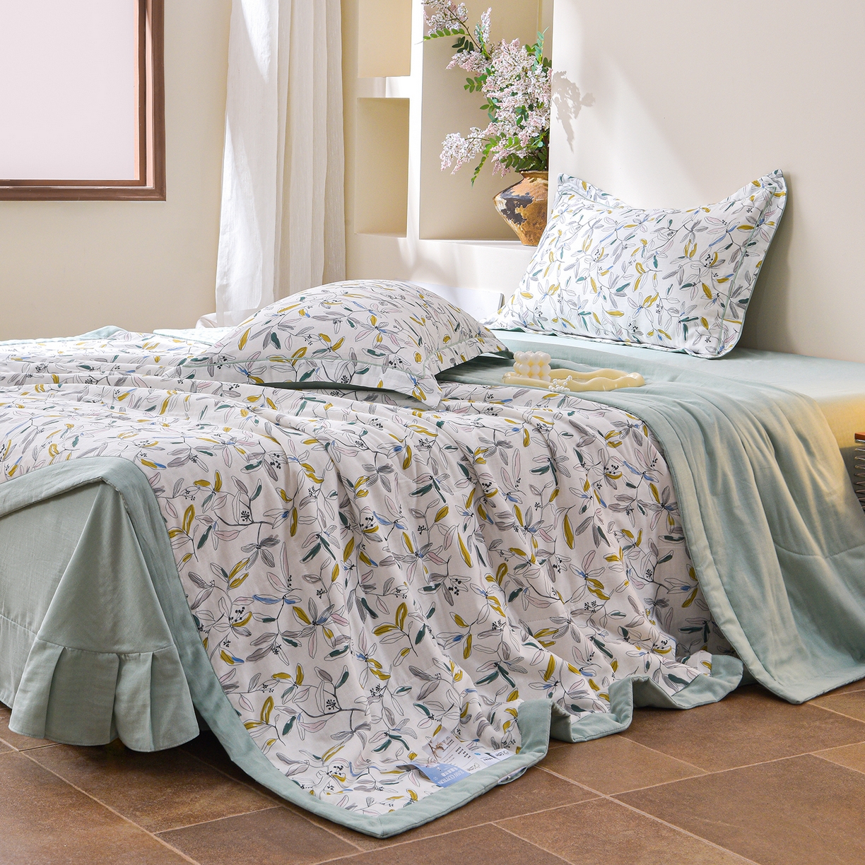 91家纺网 家纺一手货源 找家纺 金昱纺 2026新款A类全棉双层纱新疆棉花夏被四件套（带检测报告，包检测，有微信+买家秀） 镜花眠-绿