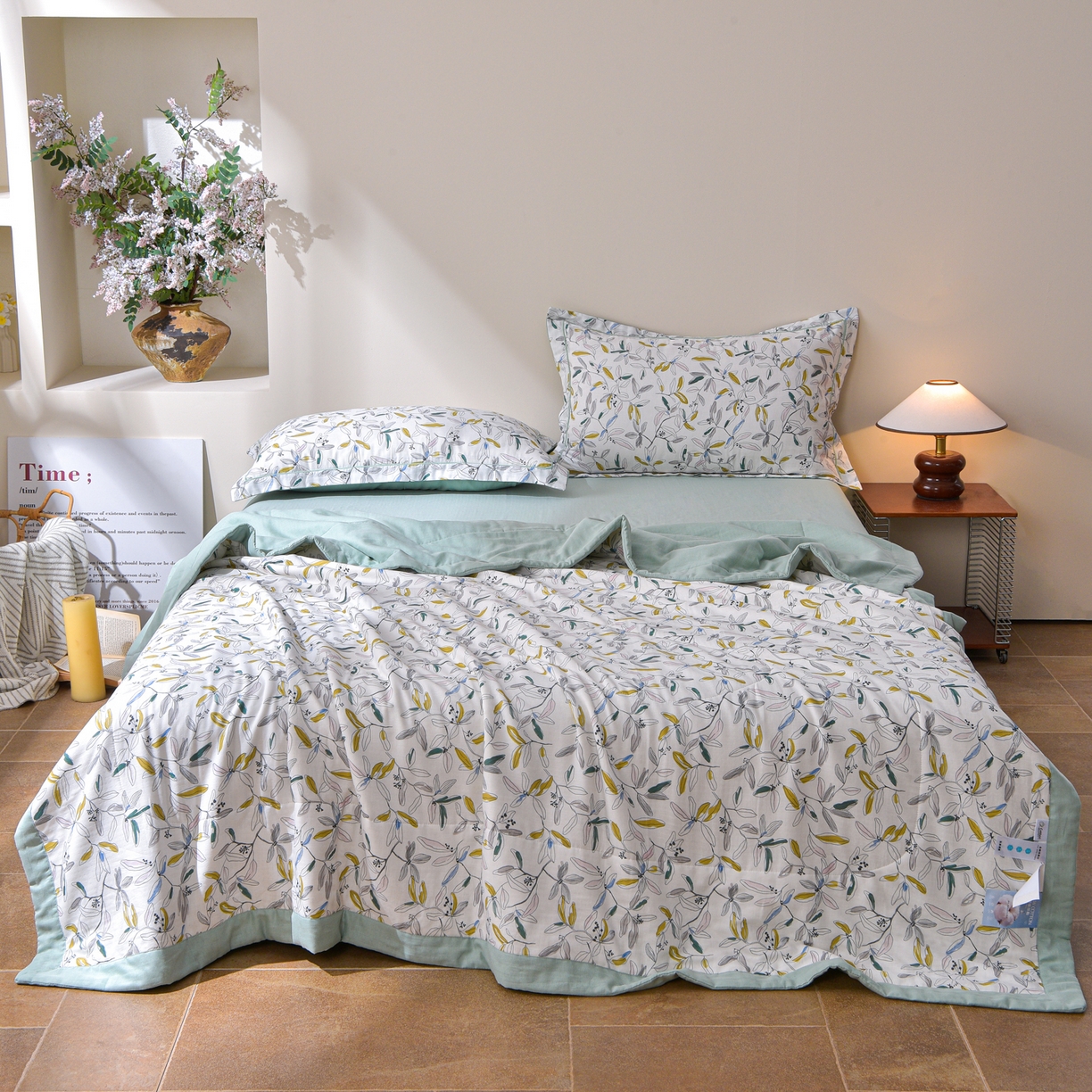 91家纺网 家纺一手货源 找家纺 金昱纺 2026新款A类全棉双层纱新疆棉花夏被四件套（带检测报告，包检测，有微信+买家秀） 镜花眠-绿