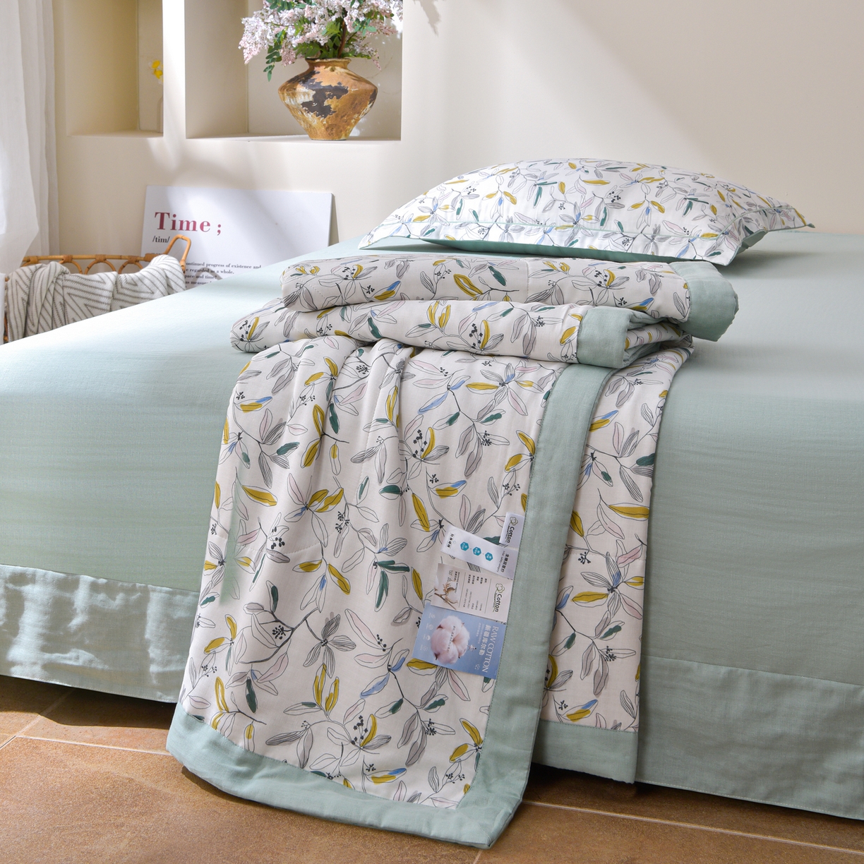 91家纺网 家纺一手货源 找家纺 金昱纺 2026新款A类全棉双层纱新疆棉花夏被四件套（带检测报告，包检测，有微信+买家秀） 镜花眠-绿