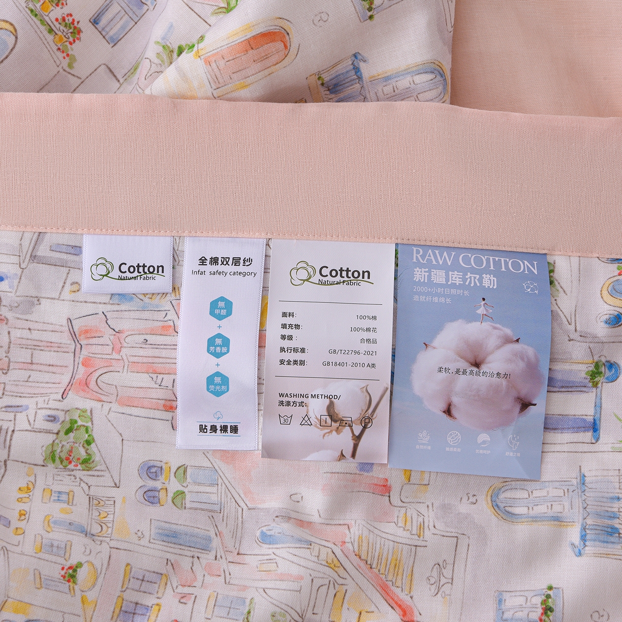 91家纺网 家纺一手货源 找家纺 金昱纺 2026新款A类全棉双层纱新疆棉花夏被四件套（带检测报告，包检测，有微信+买家秀） 浪漫小镇-粉