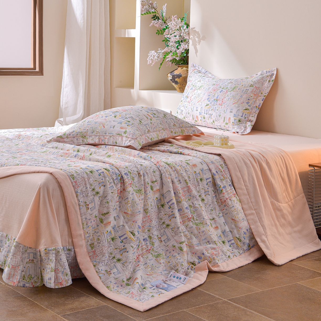 91家纺网 家纺一手货源 找家纺 金昱纺 2026新款A类全棉双层纱新疆棉花夏被四件套（带检测报告，包检测，有微信+买家秀） 浪漫小镇-粉