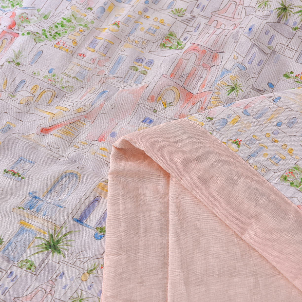 91家纺网 家纺一手货源 找家纺 金昱纺 2026新款A类全棉双层纱新疆棉花夏被四件套（带检测报告，包检测，有微信+买家秀） 浪漫小镇-粉