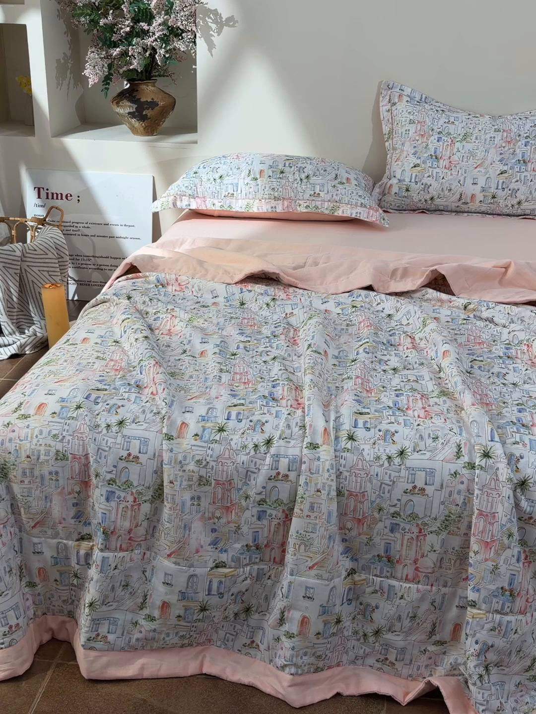 91家纺网 家纺一手货源 找家纺 金昱纺 2026新款A类全棉双层纱新疆棉花夏被四件套（带检测报告，包检测，有微信+买家秀） 浪漫小镇-粉