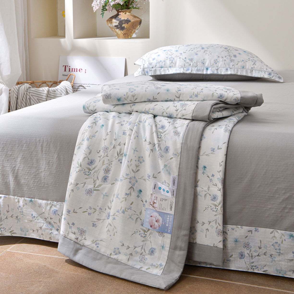 91家纺网 家纺一手货源 找家纺 金昱纺 2026新款A类全棉双层纱新疆棉花夏被四件套（带检测报告，包检测，有微信+买家秀） 莲礼枝-兰