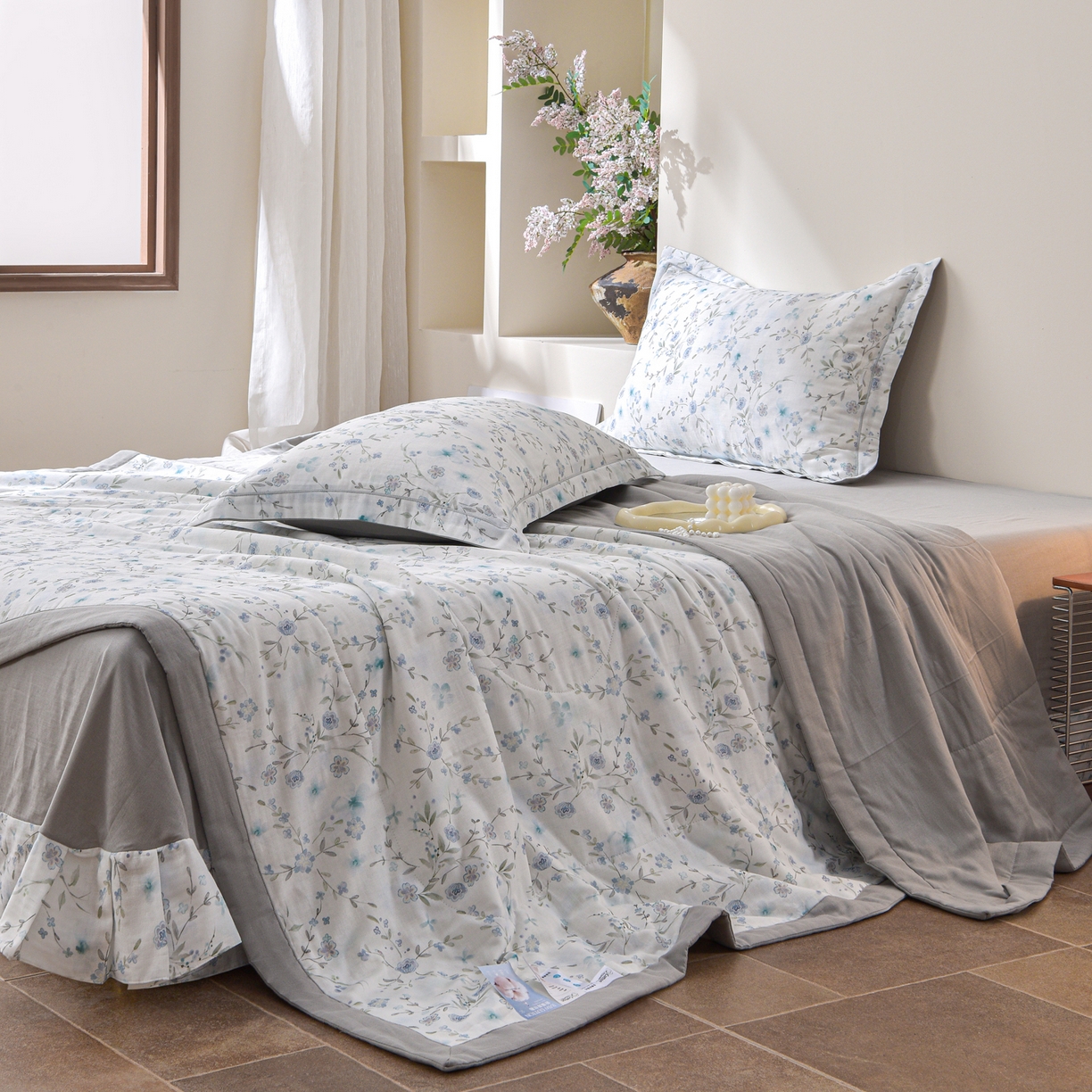 91家纺网 家纺一手货源 找家纺 金昱纺 2026新款A类全棉双层纱新疆棉花夏被四件套（带检测报告，包检测，有微信+买家秀） 莲礼枝-兰