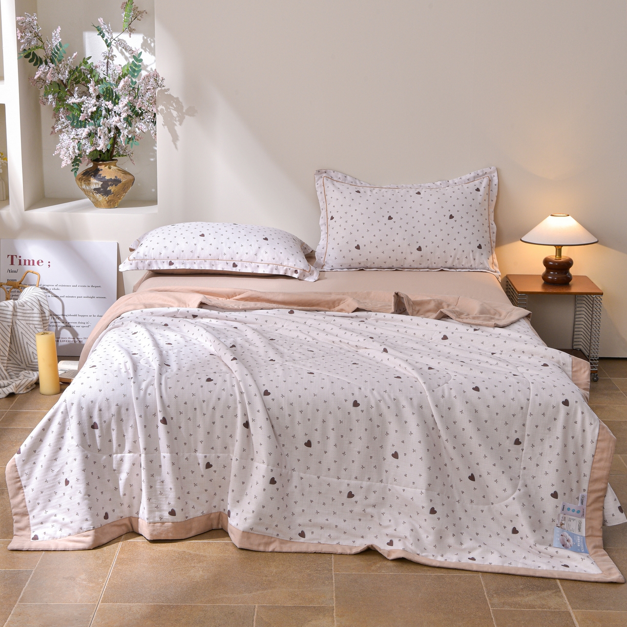 91家纺网 家纺一手货源 找家纺 金昱纺 2026新款A类全棉双层纱新疆棉花夏被四件套（带检测报告，包检测，有微信+买家秀） 甜心结-咖