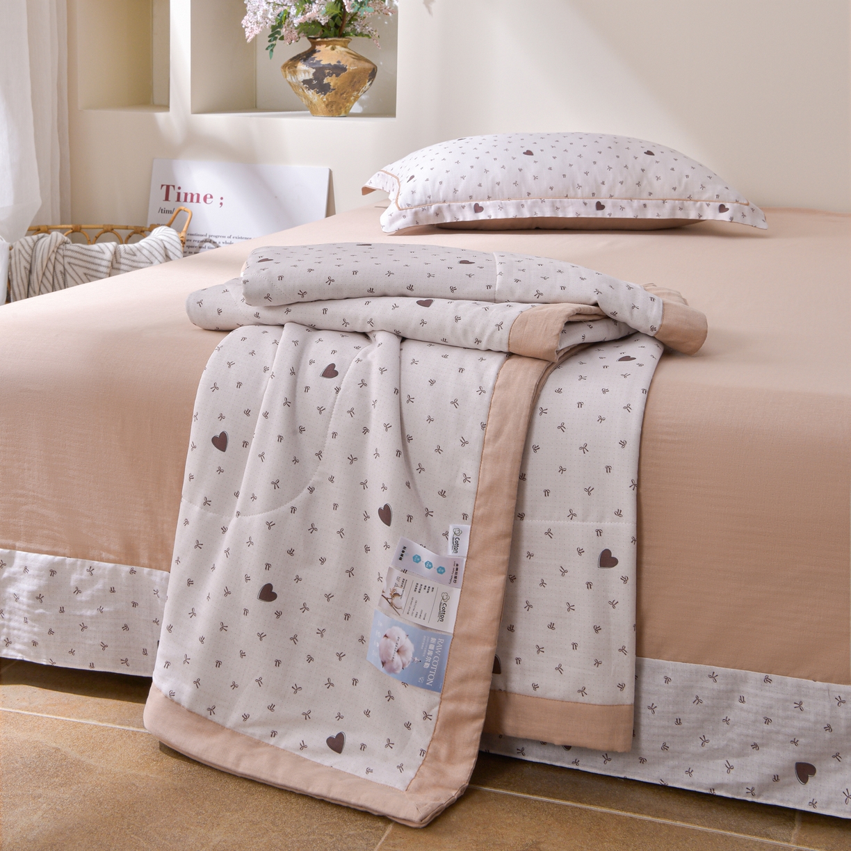 91家纺网 家纺一手货源 找家纺 金昱纺 2026新款A类全棉双层纱新疆棉花夏被四件套（带检测报告，包检测，有微信+买家秀） 甜心结-咖