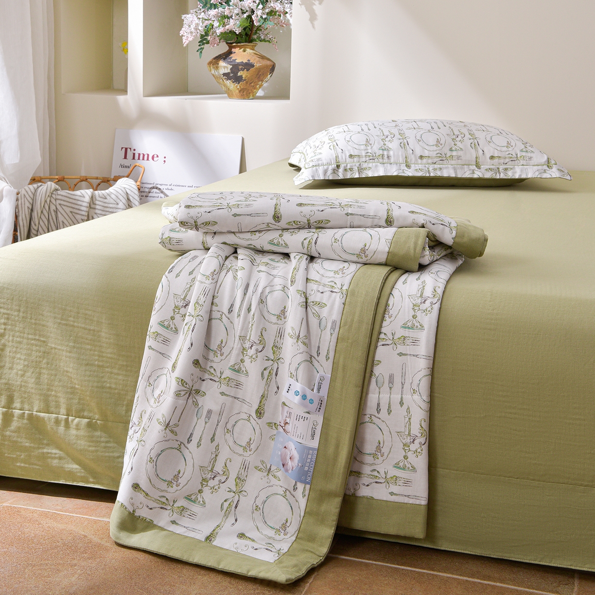 91家纺网 家纺一手货源 找家纺 金昱纺 2026新款A类全棉双层纱新疆棉花夏被四件套（带检测报告，包检测，有微信+买家秀） 中世纪-绿