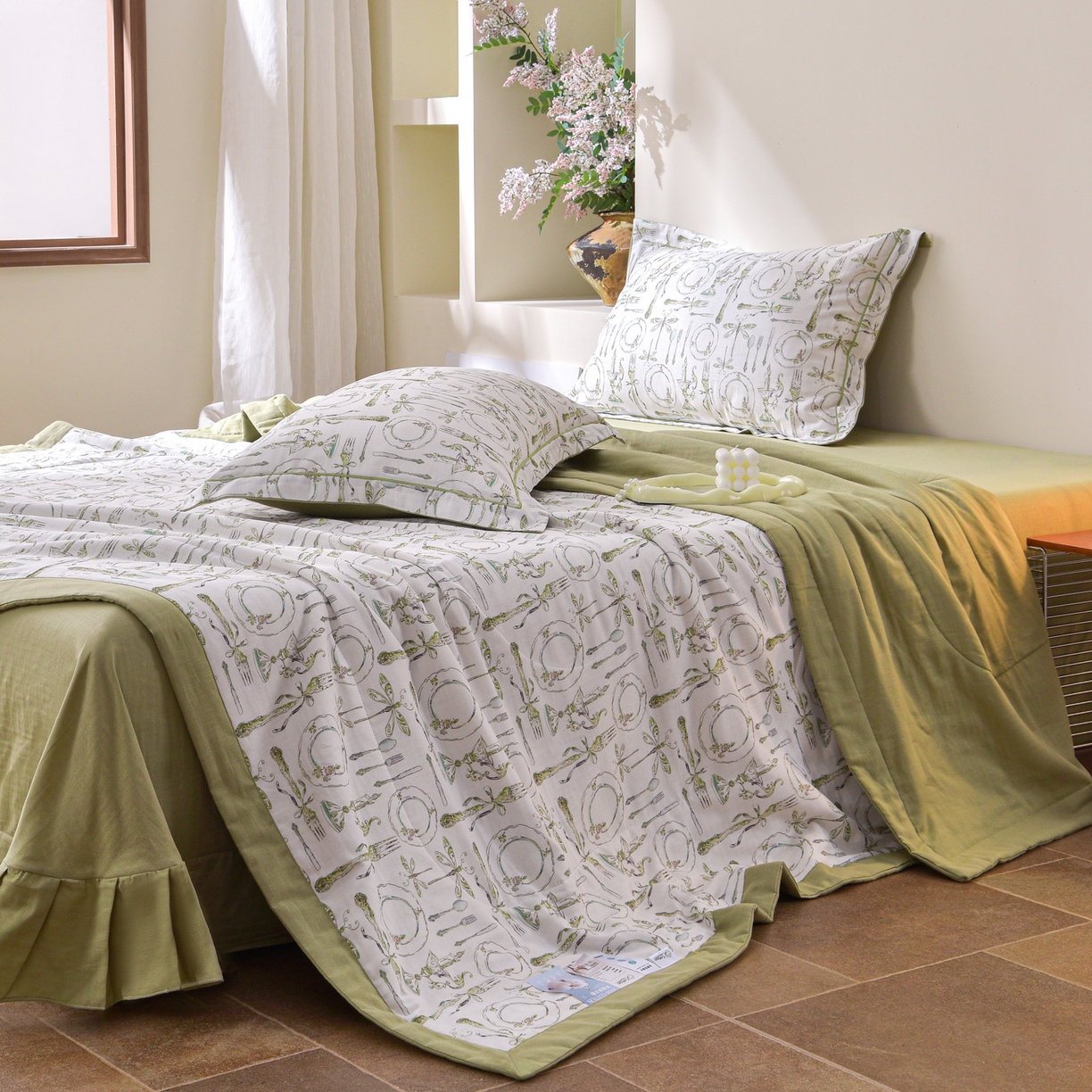 91家纺网 家纺一手货源 找家纺 金昱纺 2026新款A类全棉双层纱新疆棉花夏被四件套（带检测报告，包检测，有微信+买家秀） 中世纪-绿