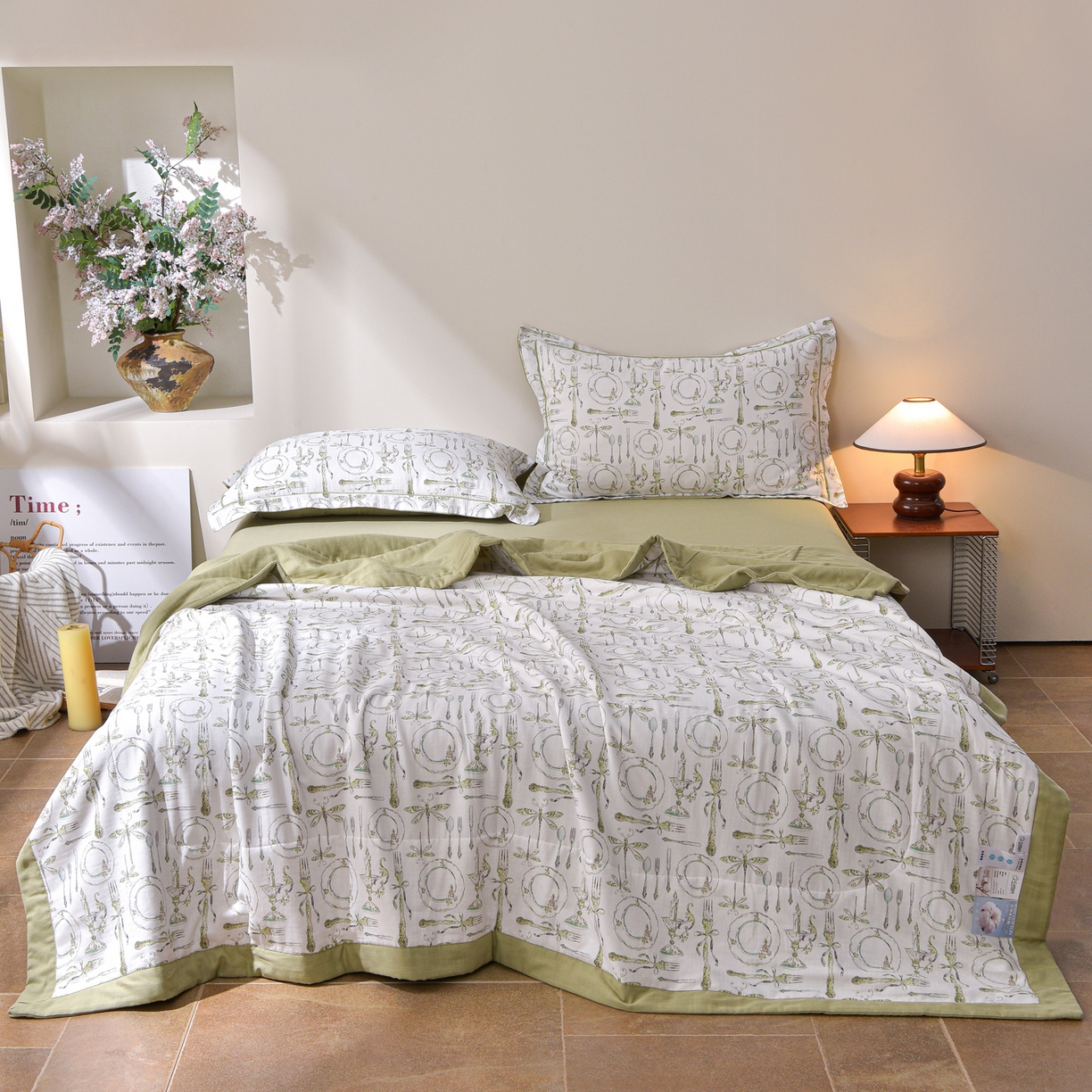 91家纺网 家纺一手货源 找家纺 金昱纺 2026新款A类全棉双层纱新疆棉花夏被四件套（带检测报告，包检测，有微信+买家秀） 中世纪-绿