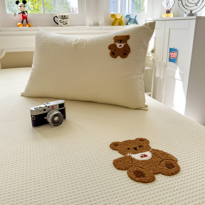 91家纺网 家纺一手货源 找家纺 席世家 2026新款全棉华夫格床笠毛巾绣床笠 华夫格-樱桃熊