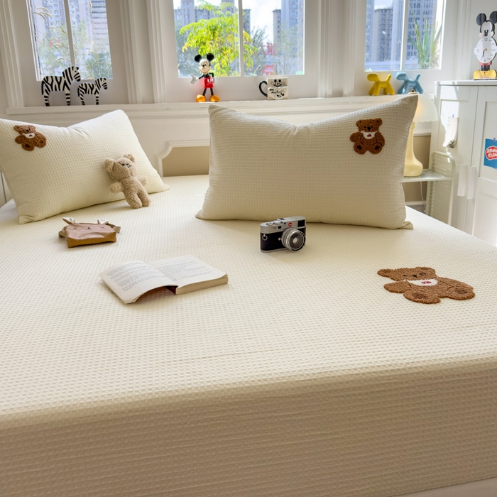 91家纺网 家纺一手货源 找家纺 席世家 2026新款全棉华夫格床笠毛巾绣床笠 华夫格-樱桃熊