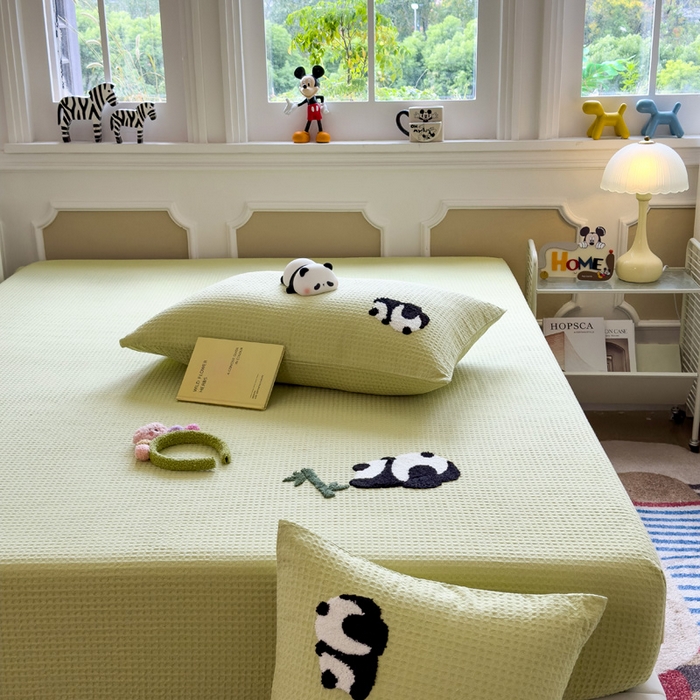 91家纺网 家纺一手货源 找家纺 席世家 2026新款全棉华夫格床笠毛巾绣床笠 华夫格-熊猫