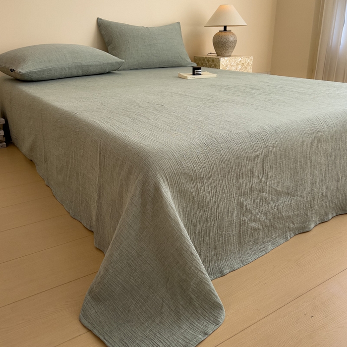 91家纺网 家纺一手货源 找家纺 席世家 2026新款纯色皱皱纱床单 森林绿